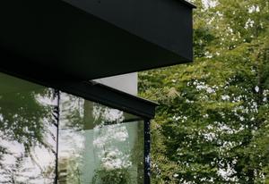 Moderne woning met zwarte uitkraging en grote glaspartijen tussen het groen