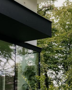 Moderne woning met zwarte uitkraging en grote glaspartijen tussen het groen